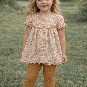 SweetHoney Floral Button-Down Top and Polka Dot Leggings Set